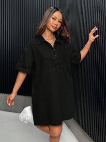SHEIN ICON Women's Casual Loose Denim Short Sleeve Mini Shirt Dress, Blue - Black - View 3