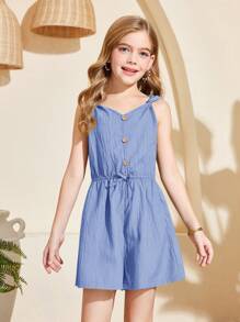 Emery Rose Kids Emery Rose Kids Tween Girl Twist Vest-Style Casual Romper With Front Buttons Decorated In Woven Texture Material, Suitable For Spring Outings - Dusty Blue - View 6