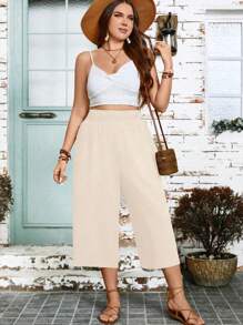 Plus Size Women's High Waist Loose Solid Color Wide Leg Capri Pants, Casual Office Wear - Beige - View 5