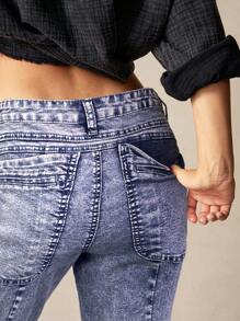 Bohemela Quần dài bó sát nữ cạp thấp dệt trơn Leisure Solid Patch Pocket Skinny - Màu xanh lam - Xem 2
