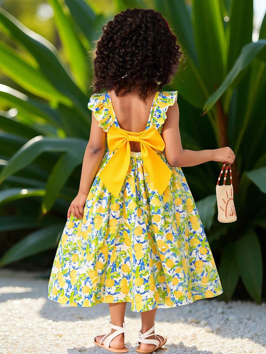 SHEIN 年轻女孩休闲绿色盖袖印花连衣裙,夏季日常穿着,宽松喇叭裙,女孩夏季度假装 - 黃色 - 查看 1