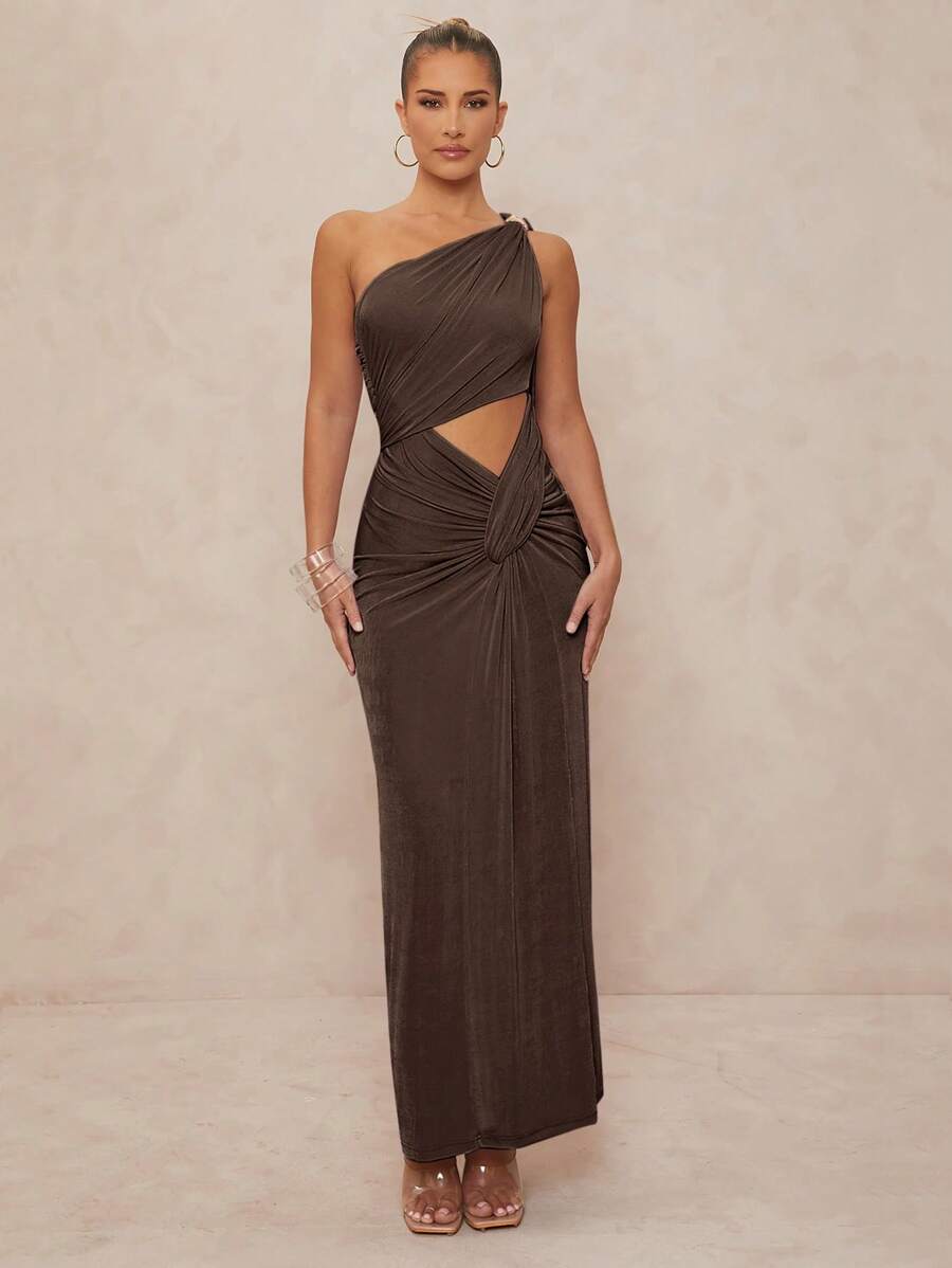 Lumalex 1pc Women's Metal Decor Ruched Twist Bodycon Extra Long Dress - Chocolate Brown - View 1