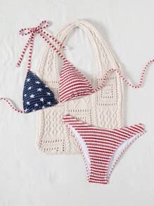 Swim Mod 2 件套女士海滩夏季度假美国国旗印花露背上衣和侧带裤比基尼套装 - 彩色 - 查看 3