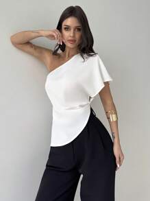 Firerie 女士春夏休闲优雅办公及婚礼宾客着装，不对称下摆纹理单肩收腰上衣，毕业典礼、教师节、返校季等场合皆宜。 - 白色 - 查看 4