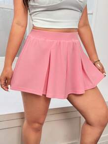 SHEIN EZwear 大码纯色休闲简约夏季新款运动迷你短裙，夏季/春季，春假 - 粉色 - 查看 2