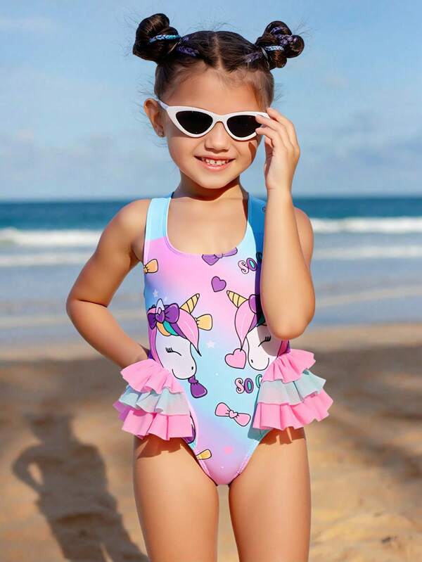 SHEIN Young Girl Layered Unicorn Print Swimsuit Bathing Suits For Kids One Piece Bathing Suits For Girls One Piece Kids Swimsuits Girls One Piece Swimsuits For Girls Kids Swimsuits For Girls One Piece