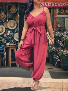 SHEIN LUNE 时尚休闲复古 V 领细肩带束腰连体裤 - 紅色 - 查看 7