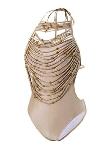 Swim Chiccia Springbreak 圆领露背纯色二合一镂空金属珠装饰流苏女式连体泳衣，节日波西米亚风 - 香檳色 - 查看 3