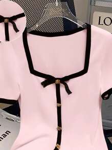 GlowEve Women's Knit Mixed Short Sleeve Casual Metal Button Sequin Bowknot Fitted T-Shirt, Round Neck, Summer Vacation (Random Pattern) - Pink - View 4