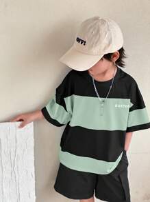 SHEIN 2pcs Young Boys Fashion Casual Versatile Comfortable Boys 2-Piece Set: Contrast Color Patchwork Crew Neck T-Shirt And Loose Cargo Shorts, Suitable For Spring/Summer, Daily Wear, Sports, Outings, School, Parties, Festivals, Photoshoots