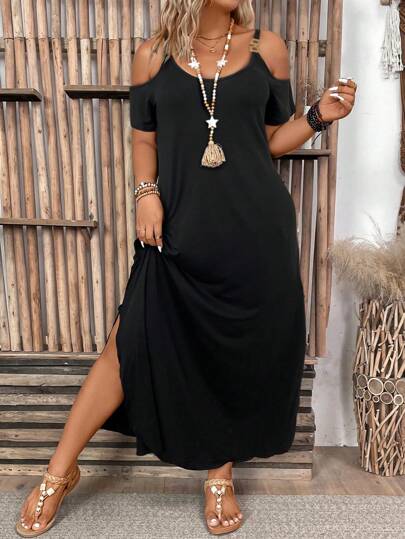 Breezaya Plus Size Off Shoulder Short Sleeve Oblique Pocket Side Slit Maxi Dress, Summer Casual Minimalist Black Maxi Dress, Women Outfit