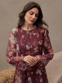 Anewsta 女式花卉印花长袖休闲长裙，优雅时尚 - 酒紅色 - 查看 1