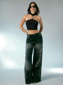 Denimoi 女士性感前部金属环细节简约外出上衣性感上衣女士度假上衣女士度假露背上衣女士音乐会上衣 - 黑色 - 查看 4