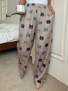 Dazy Plus Cute Animal Print Elastic Waist Loose Pajama Pants, Home Sleepwear Bottom