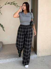 Dazy Plus Quần ống đứng kẻ caro rộng rãi phong cách đường phố thường ngày cho nữ cỡ lớn - màu đen - Xem 5
