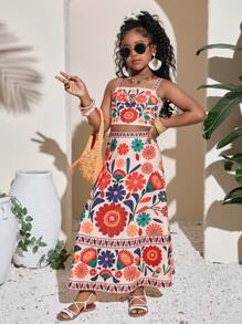 青春期女孩碎花吊带背心和迷你裙套装，度假休闲装 - 米色 - 查看 3