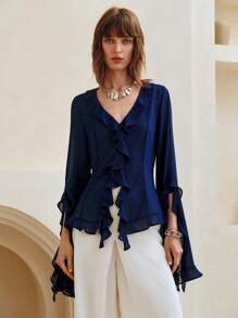 Arave Französische romantische leichte asymmetrische rüschenbesetzte locker sitzende Strickjacke für Damen