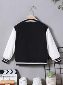 SHEIN 男小童字母圖案條紋飾邊學院風夾克 - 黑與白 - 查看 2
