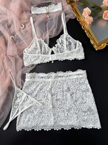 SHEIN 4pcs Classic Sexy White Lace Mini Skirt Set With Pendant Necklace & Lingerie - White - View 6