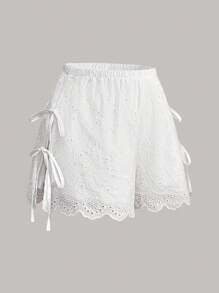 Sweetra Women Summer Holiday Lace Embroidery Side-Tie Shorts - White - View 4