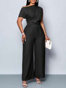 SOLERSUN 大码女装四季女装通勤优雅日常旅行休闲简约纯色露肩不对称领口肩部褶皱短袖阔腿连体裤 - 黑色 - 查看 5