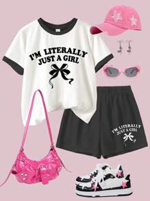 SHEIN Leap Crew Bộ quần short tay ngắn tối giản thường ngày cho bé gái tuổi teen 2 món, mùa hè - Nhiều màu - Xem 3