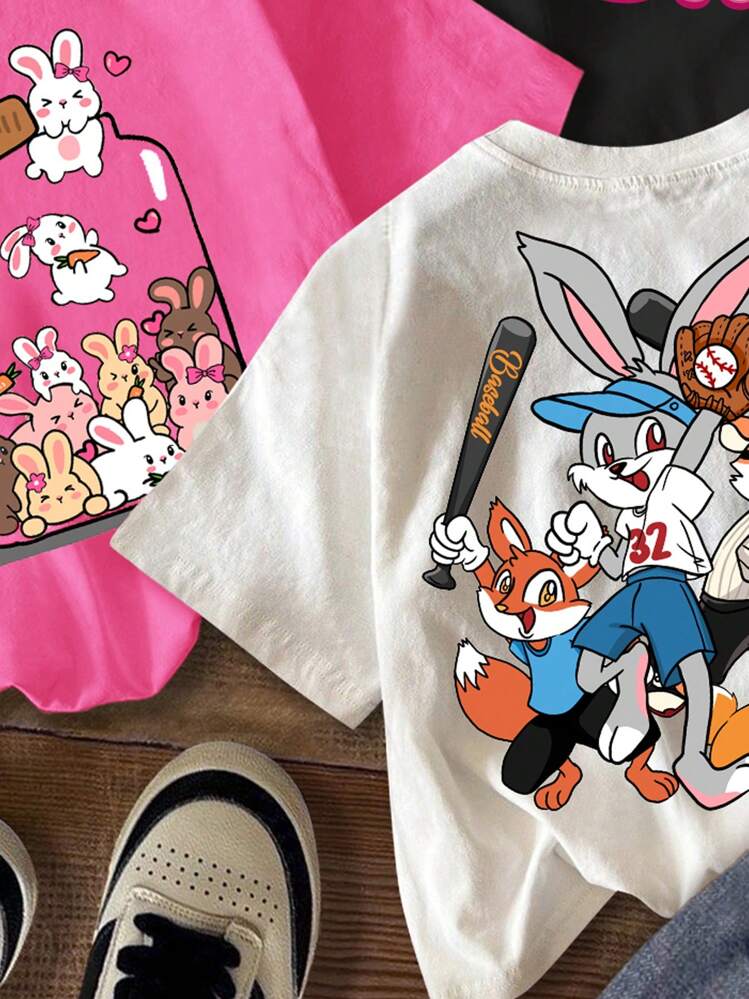 SHEIN Leap Crew 休闲简约卡通图案多件T恤，适合夏季 - 彩色 - 查看 6