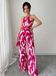 SHEIN Tall 女士印花腰带优雅休闲度假吊带连体裤 - 玫紅色 - 查看 3