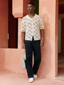 Maija 2025 Spring & Summer New Arrival Cream Mao Collar Textured Knit Cardigan, Casual & Versatile Streetwear Fashion Men Sweatpants, Suitable For Outdoor, Gathering, Wedding, Party, Independence Day, Mother's Day, Music Festival, Graduation