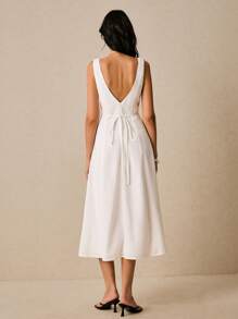 Poéselle 女士连衣裙 亚麻白色连衣裙 长款连衣裙 后腰系带 女士纯色 V 领单排扣无袖休闲长裙 夏季女士连衣裙 夏季连衣裙 太阳裙 波西米亚风夏装 夏季女装 Y2k 乡村音乐会服装 节日服装 商务休闲女装 - 白色 - 查看 3