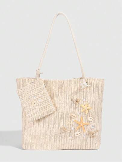 Fairycore 1 pieza Bolso de playa de paja de gran capacidad con estilo de vacaciones de playa oceánica, decorado con conchas, caracolas y corales, ideal para madre e hijo, para primavera/verano