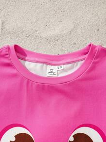 BABY SHARK X SHEIN Camiseta de manga corta informal y versátil con estampado de tiburón de dibujos animados para niña preadolescente en color rosa - Multicolor - Ver 7