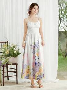 SHEIN LUNE Women Elegant Floral Print Sleeveless Waist-Defined Swing Dress - White - View 6