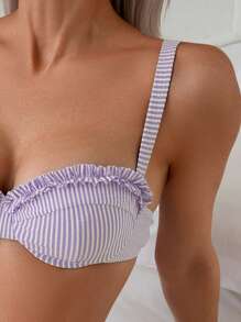 SHEIN Swim Women's Summer Vacation Beach Outfits, Striped Ocean Style Ruched Sexy Floral Decorated Bikini Set - Blue - View 8