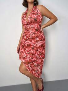SHEIN Tall CURVE Đầm cổ yếm in hoa cỡ lớn cho nữ, dáng xòe bất đối xứng, đi nghỉ - Đỏ - Xem 6