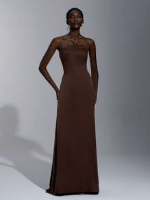 Elitara 优雅、浪漫、性感、简约、棕色缎面吊带露背连衣裙，金属扣装饰，紧身、时尚、网红风格，适合节日、度假、生日派对、婚礼活动、伴娘 - 鏽棕色 - 查看 7