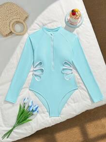 Wildeya Traje de baño de protección solar de manga larga con cremallera de un solo color, elegante para el verano, para adolescentes