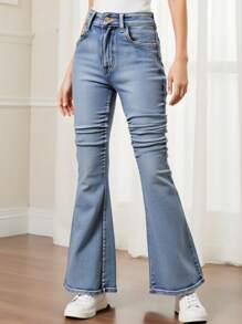 DENIMLY TWEEN GIRL 复古街头酷炫少女低腰喇叭牛仔裤 - 淺色水洗藍 - 查看 2