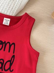 SHEIN 2Pcs Baby Boy Casual "Mom + Dad = Me" Letter Print Top And Black Comfortable Shorts Outfit, Suitable For Daily Wear And Mother's Day, Summer, Kid Clothes, Toddler Clothes, Baby Outfit, Infant Baby Boys Outfits, Toddler Tank Top, Toddler Short, Baby Set, 6M-3T - Red - View 6