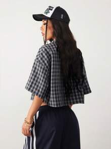 Coolane 女士春夏复古学院风短款格子宽松短款上衣新年红色衬衫女士 Polo 衫 - 藏蓝色 - 查看 2