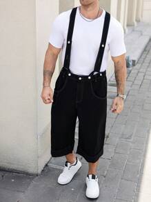 Manfinity Homme Plus Size Men's Black Denim Bib Overalls With Multiple Pockets