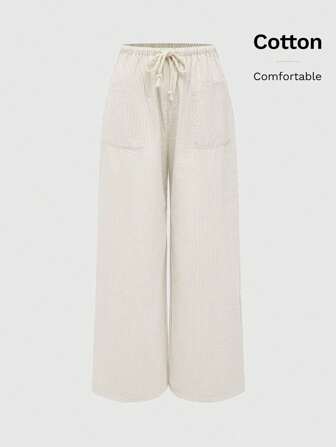 Damen Lässig vertikaler Streifenhose mit Kordelzug an der Taille, lose gerade geschnitten