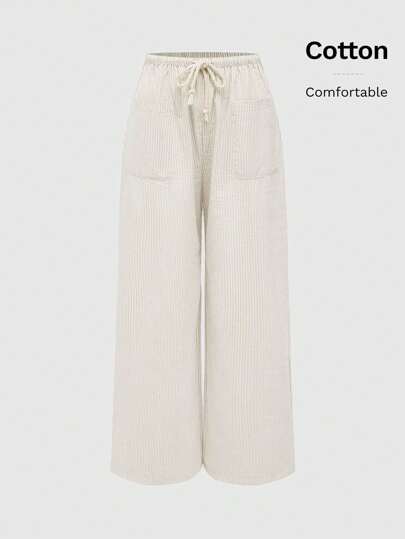 Women's Casual Vertical Stripe Drawstring Waist Loose Straight Trousers