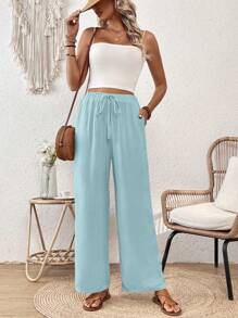 Chiquease Quần dài thường ngày co giãn, có dây rút, họa tiết nhăn, thoải mái, mùa xuân/hè - Màu xanh nhạt - Xem 5