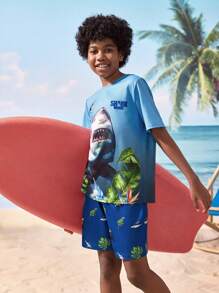 Shark Week X SHEIN Tween Boy Casual Shark Print Round Neck Short Sleeve T-Shirt And Shorts Set, Summer - Multicolor - View 5
