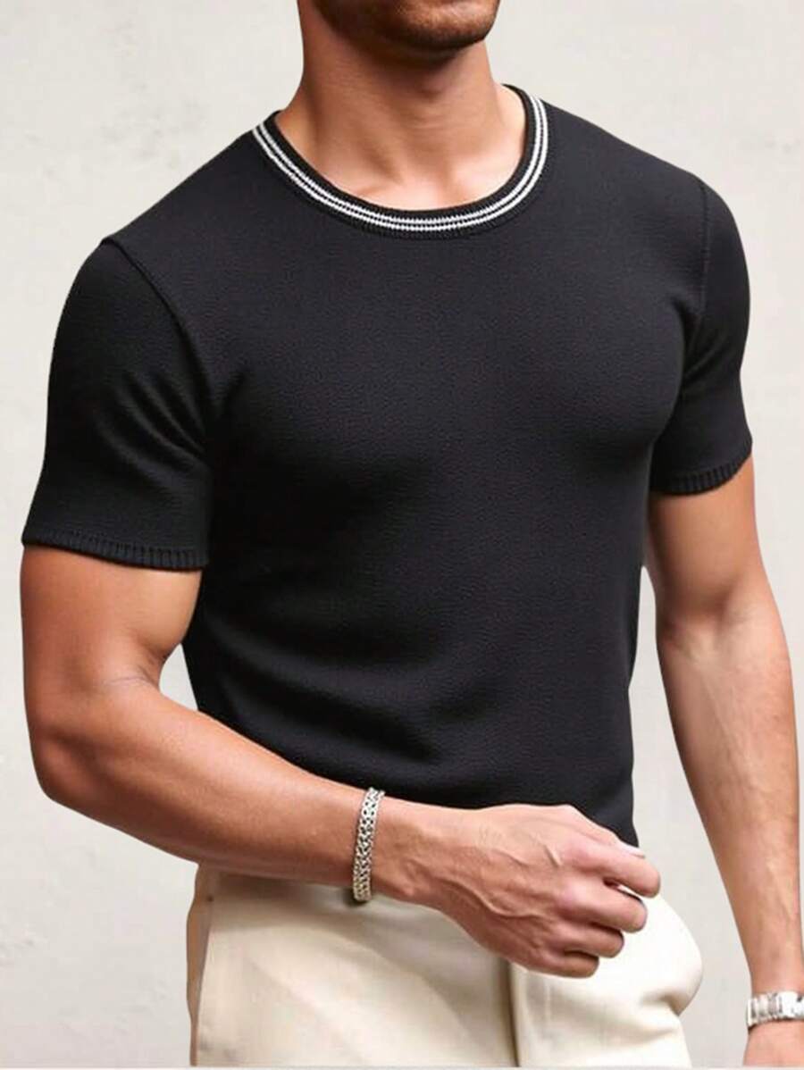 Manfinity Homme Men's Striped Crew Neck Short Sleeve Casual Knit Top  Vintage Shirt Men - Black - View 1