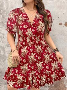 SHEIN Holidaya Plus Size Women Black Background Floral Print Short Sleeve Vacation Dress - Multicolor - View 3