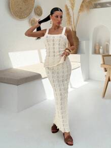 EURMUSE Women Solid Color Hollow Out Strap Knit Top & Sweater Skirt Cover Up 2pcs Set