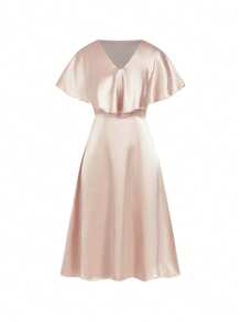 Ellevyn Women's Elegant Champagne Satin Midi Dress With V Neck And Cap Sleeves For Special Occasions - Champagne - View 6