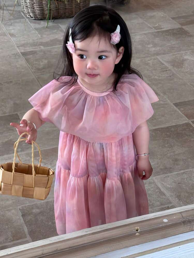 Toddler Girls' Round Neck Casual Mesh Short Sleeve Ruffle Hem Summer Short Sleeve Dress